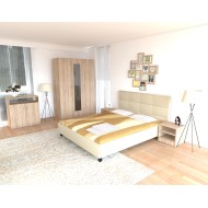 Dormitor Soft Sonoma cu pat tapitat bej pentru saltea 160x200 cm Dormitor Soft Sonoma cu pat tapitat bej pentru saltea 160x200 cm